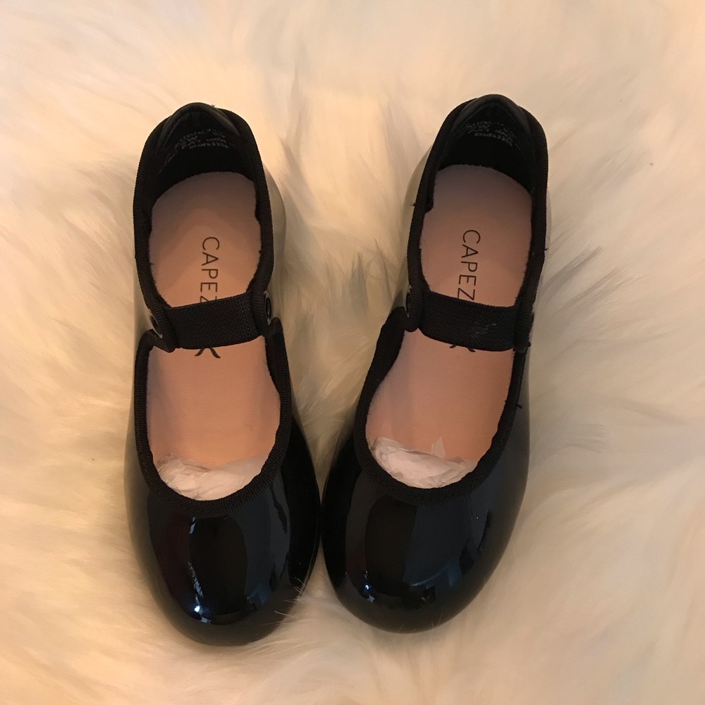 CAPEZIO TELE TONE TAP SHOES SIZE 7 1/2 WIDE MANMADE BLACK PATENT (MISSING LACE)